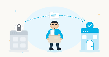 Illustration of a person carrying a box of records away from a locked system toward a new office, connected by a dashed arrow