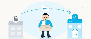 Illustration of a person carrying a box of records away from a locked system toward a new office, connected by a dashed arrow