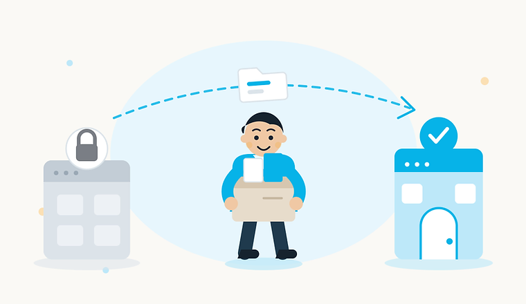 Illustration of a person carrying a box of records away from a locked system toward a new office, connected by a dashed arrow