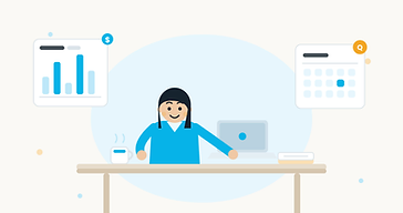 Illustration of a freelancer at a desk with a laptop, a bar chart card, and a calendar card