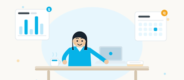 Illustration of a freelancer at a desk with a laptop, a bar chart card, and a calendar card
