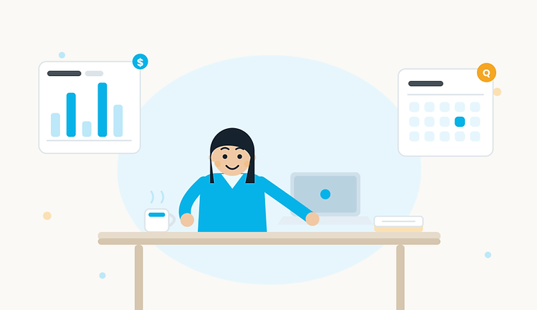 Illustration of a freelancer at a desk with a laptop, a bar chart card, and a calendar card