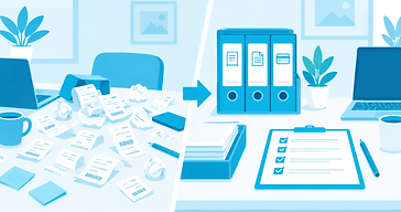 Illustration of a messy desk turning into a tidy desk with organized folders and a checklist