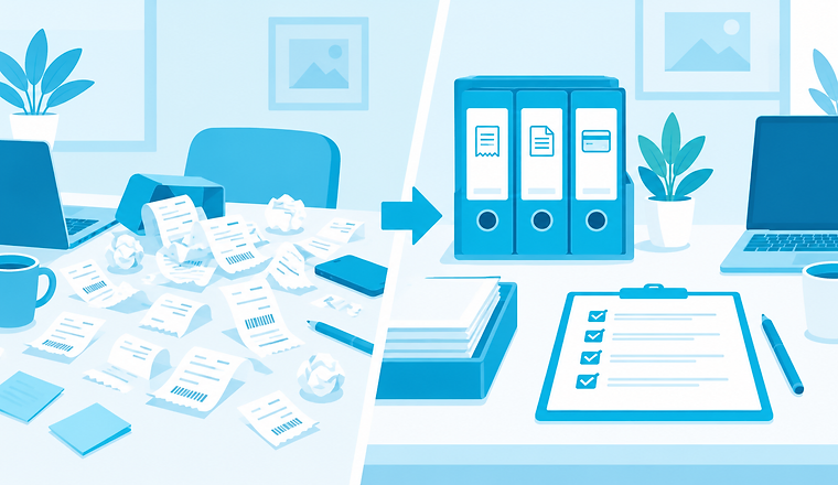 Illustration of a messy desk turning into a tidy desk with organized folders and a checklist