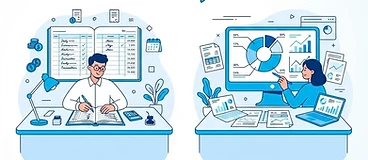 Illustration comparing bookkeeping and accounting, with a ledger and a financial analysis chart