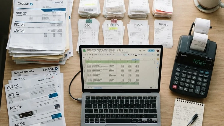 Calculator and stacks of financial documents being organized