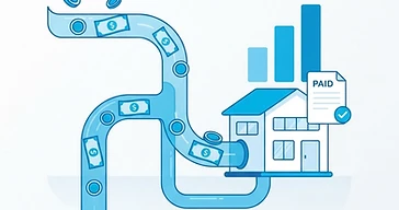 Illustration of cash flowing into a business with a rising bar chart and a paid invoice