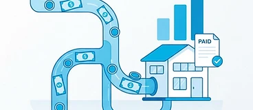 Illustration of cash flowing into a business with a rising bar chart and a paid invoice