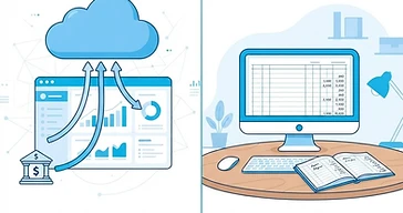 Illustration comparing cloud-based QuickBooks Online and desktop QuickBooks