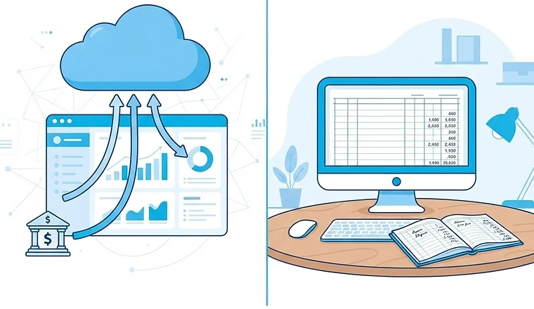Illustration comparing cloud-based QuickBooks Online and desktop QuickBooks