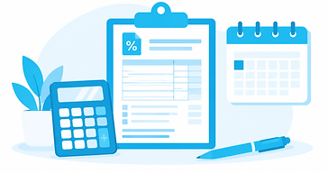 Illustration of a clipboard with a W-9 form, a calculator and a calendar open to January