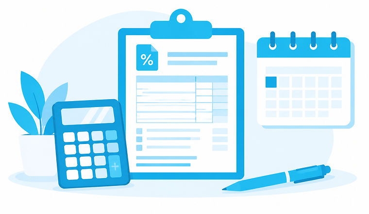 Illustration of a clipboard with a W-9 form, a calculator and a calendar open to January