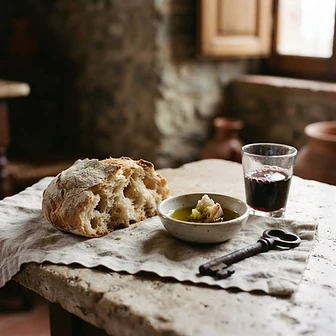 Pane, vino e una chiave su un tavolo di pietra