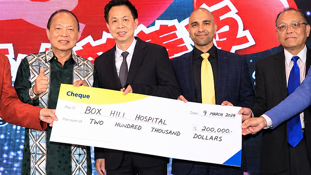 Presentation of a $200,000 cheque to Box Hill Hospital at A Night of Heartfelt Love, 9 March 2024