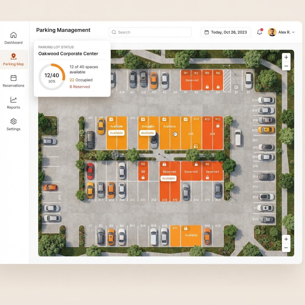 Parking management map showing available and reserved spaces