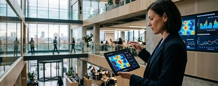 Facility manager reviewing live space utilization data on a tablet in a modern open-plan office.