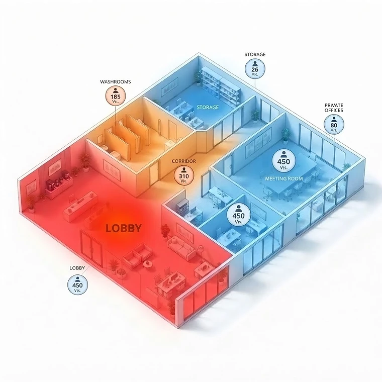 Floor plan heat map showing footfall intensity by zone