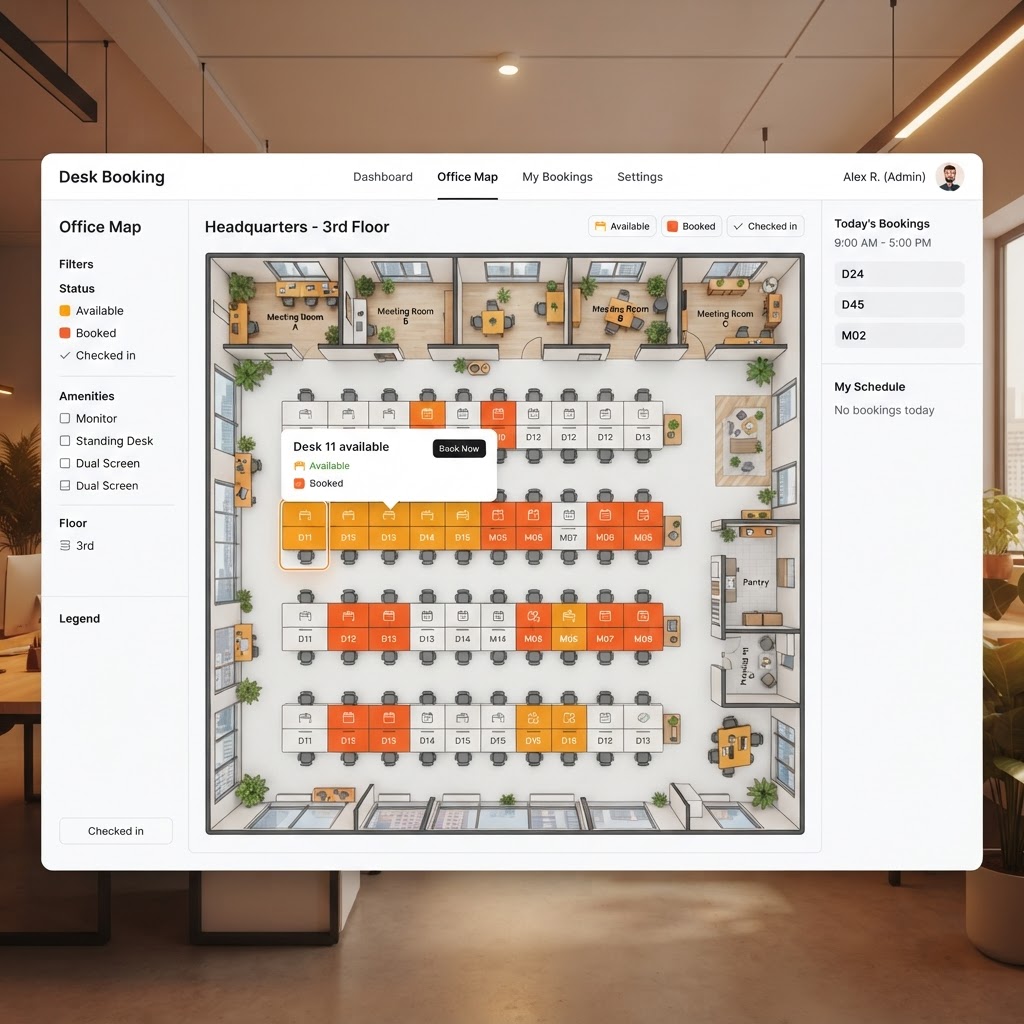 Desk booking floor plan showing available and booked desks