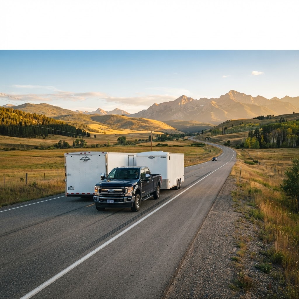 A trailer being towed down an open highway