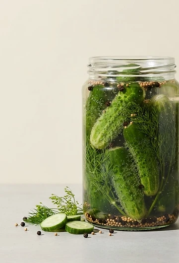 A glass jar of emerald cucumbers, dill and peppercorns in clear brine
