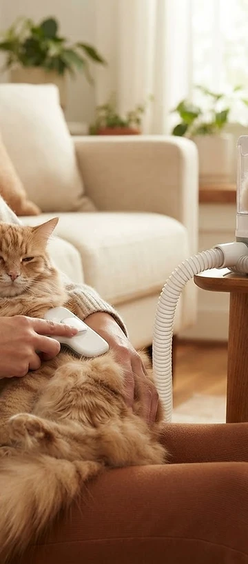FO5 pet grooming vacuum kit being used with a cat