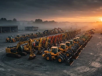Heavy equipment yard at dawn with rows of excavators and loaders