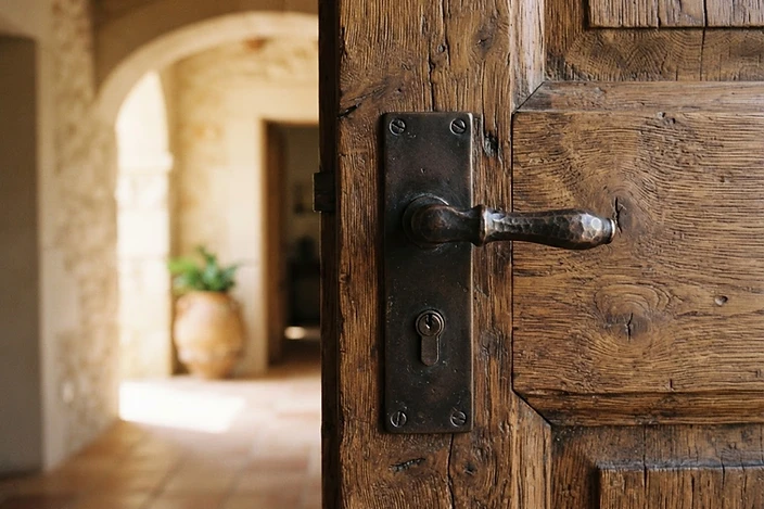 Weathered wooden front door with a traditional iron handle