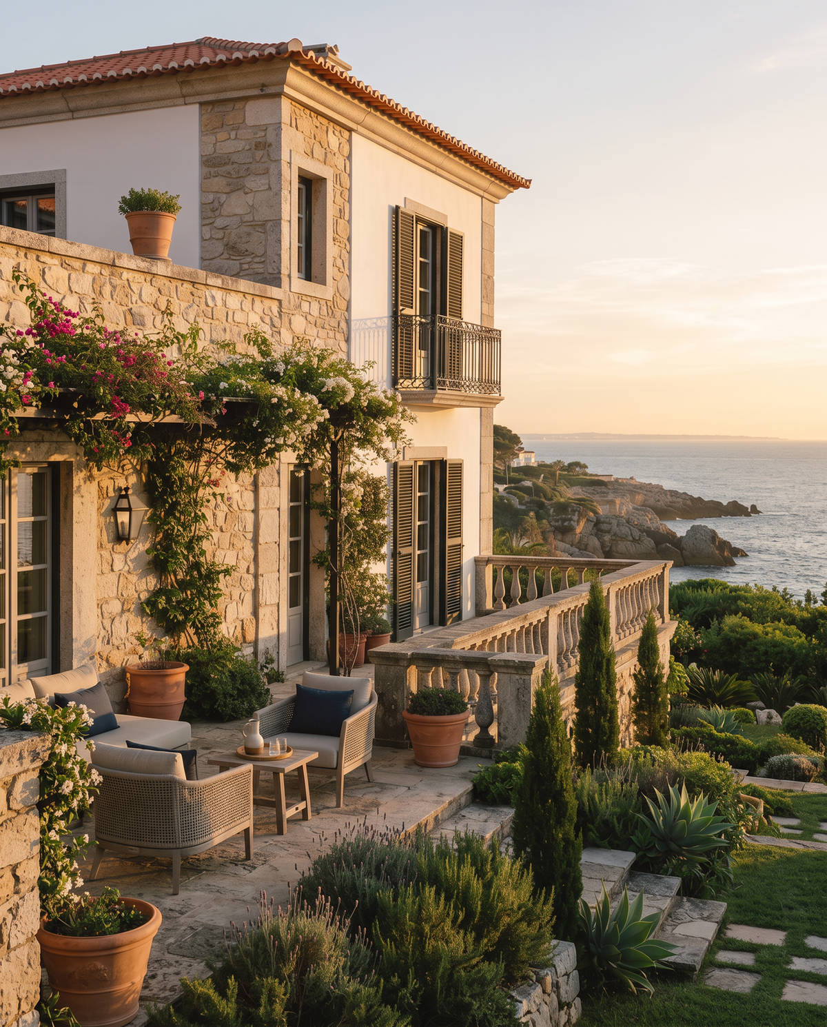 Stone villa terrace and garden overlooking the Atlantic coast near Cascais at golden hour