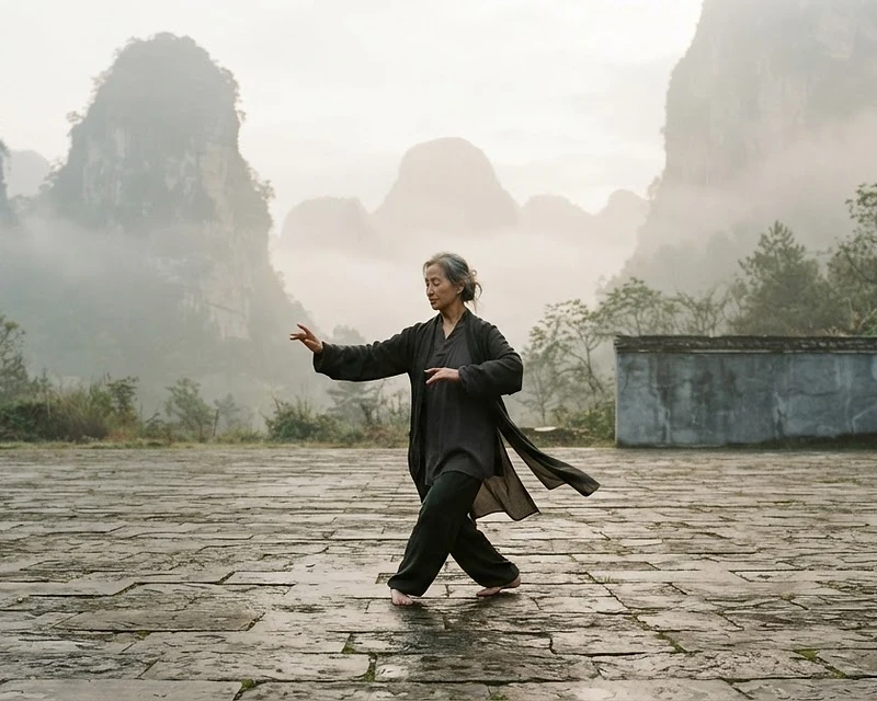 Practicante de Tai Chi en un patio brumoso al amanecer