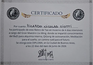 Certificado de formación en BaZi y alquimia interna con el Gran Maestro Liu Ming