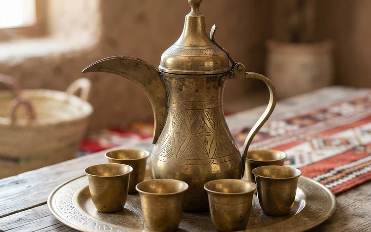 Vintage Arabic Dallah Coffee Set - Brass - Collectible