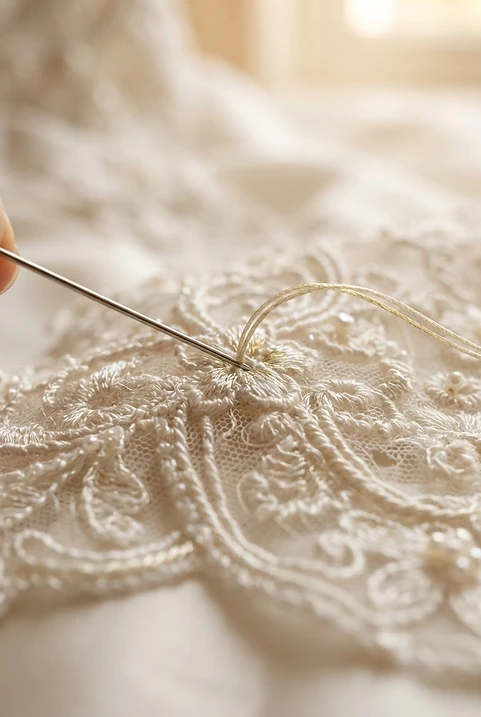 Silk thread pulled through delicate bridal lace