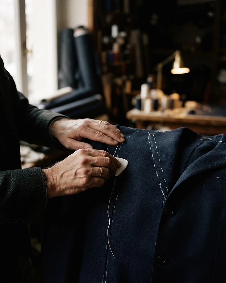 Master tailor marking a navy wool suit jacket with white chalk