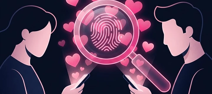 Online dating safety due diligence concept with magnifying glass and fingerprint