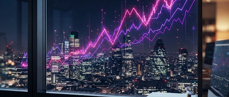Night city skyline with rising financial data streams
