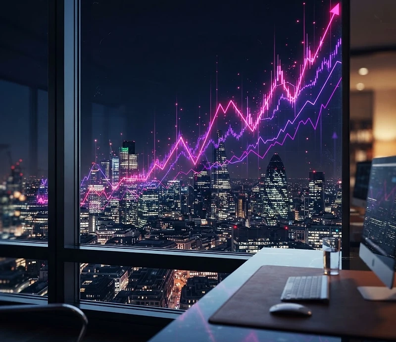 Night city skyline with rising financial data streams