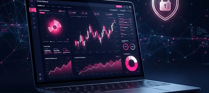 Secure investor portal dashboard on a laptop with shield and padlock