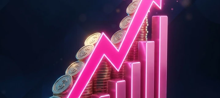 Glowing revenue growth chart with rising arrow and coins