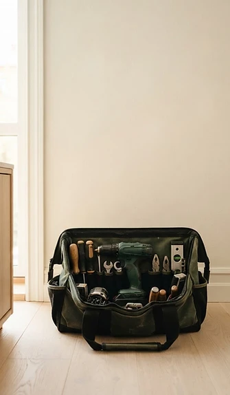 Organized professional assembly tools in a tool bag on an oak floor