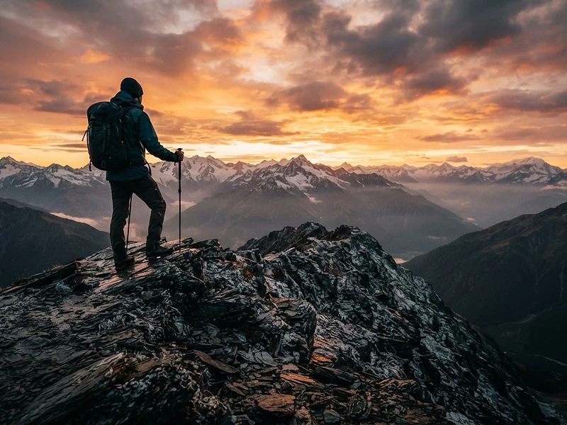 Explorer on a high-altitude ridge at dawn