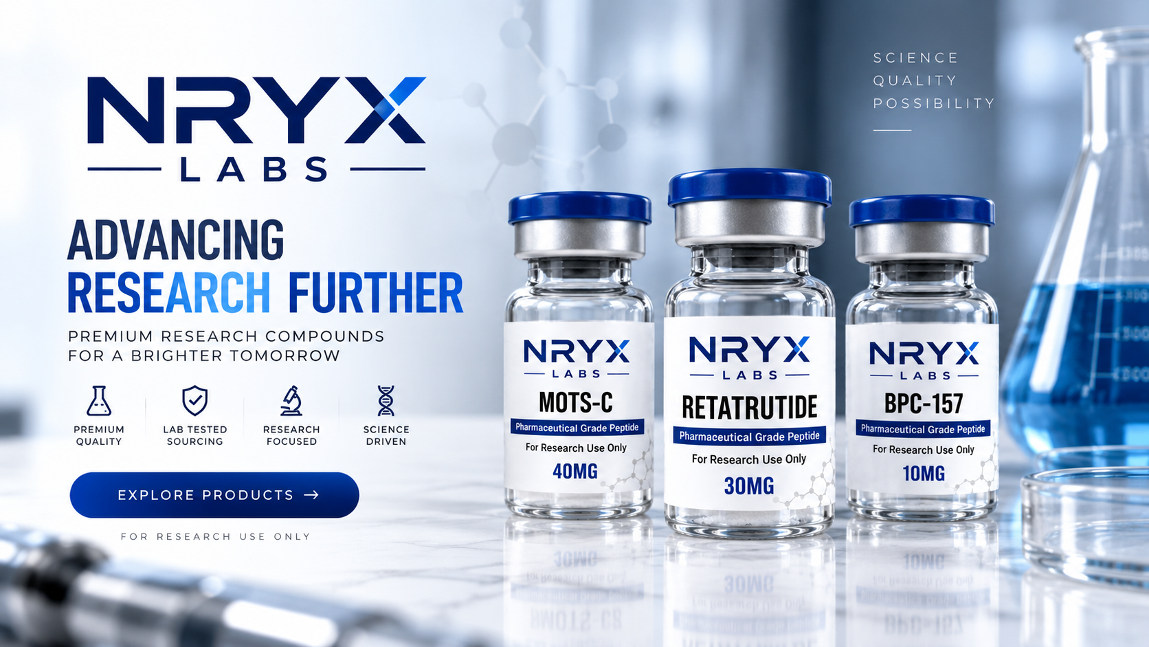 NRYX Labs hero banner — research peptides, research compounds, and laboratory reagents for in-vitro research