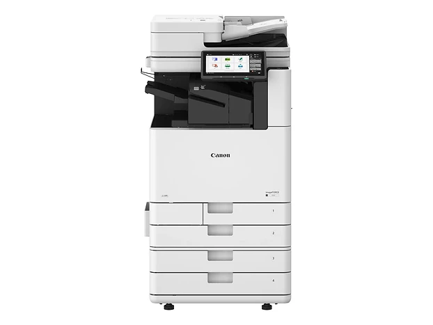 Canon imageFORCE 4100 series monochrome multifunction printer shown with optional accessories