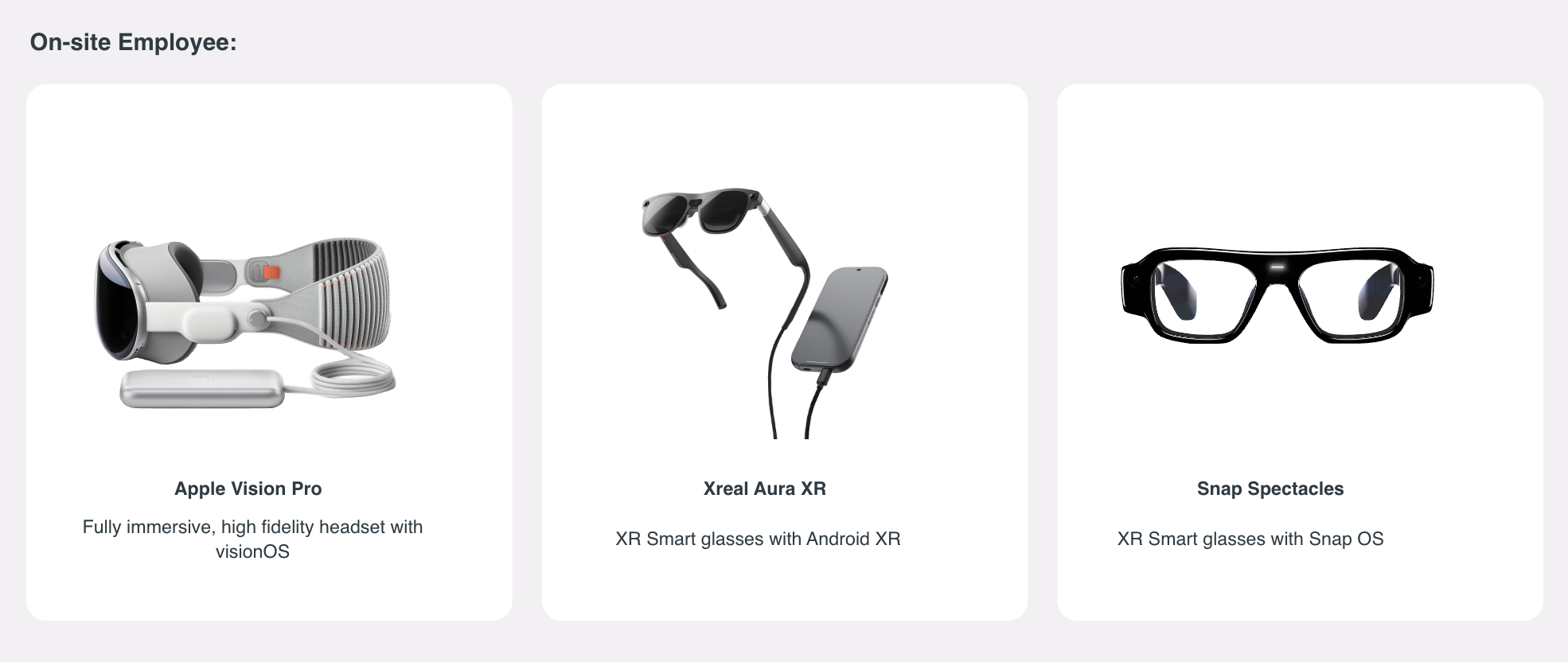 On-site Employee: Apple Vision Pro, Xreal Aura XR, and Snap Spectacles