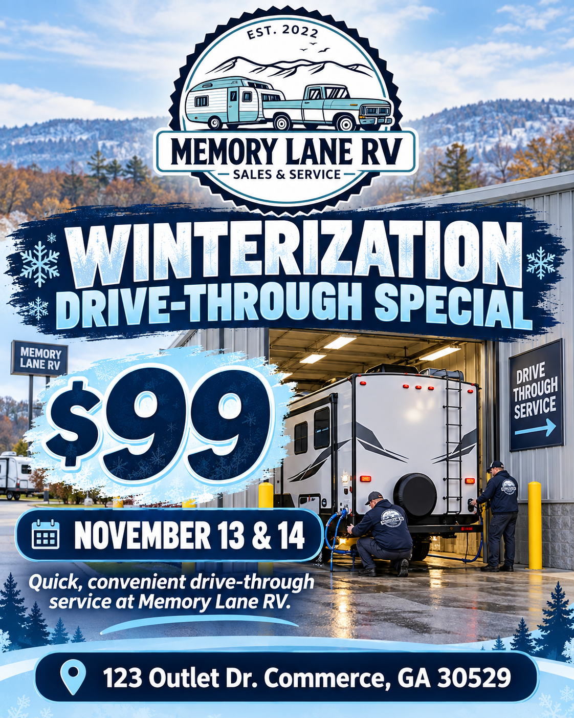 Memory Lane RV Winterization Drive-Through Special — $99, November 13 & 14