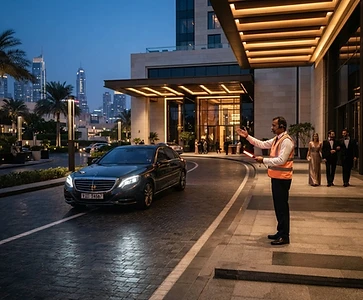 Illustrative venue driveway with a traffic marshal