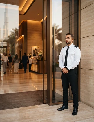 Illustrative security professional in an architectural setting