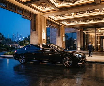 Illustrative executive vehicle beneath a refined arrival canopy