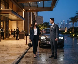 Illustrative professional valet handover at a refined entrance