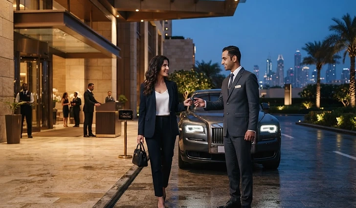 Illustrative professional valet handover at a refined entrance
