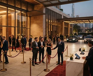 Illustrative corporate event arrivals with organized entry lanes